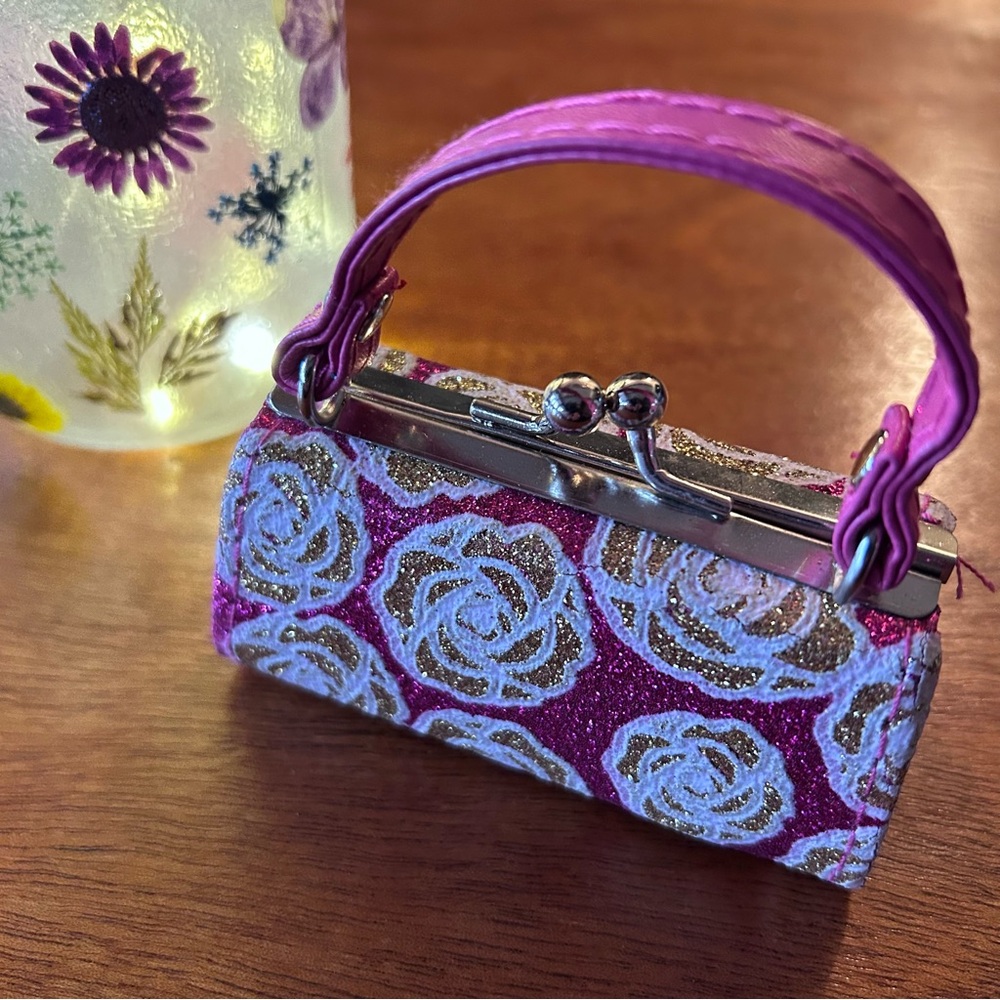 Tic Tok Lipstick Coin Mini Purse Pink Handle Gold Flowers Glittery Clasp Closure